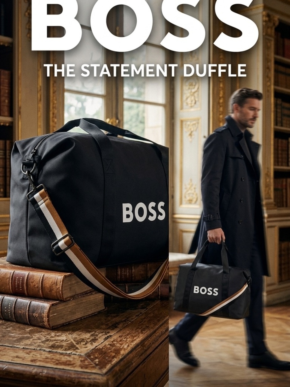 Ace!Hugo Boss Black Duffel Bag with White Logo and Royal Blue brown white strap